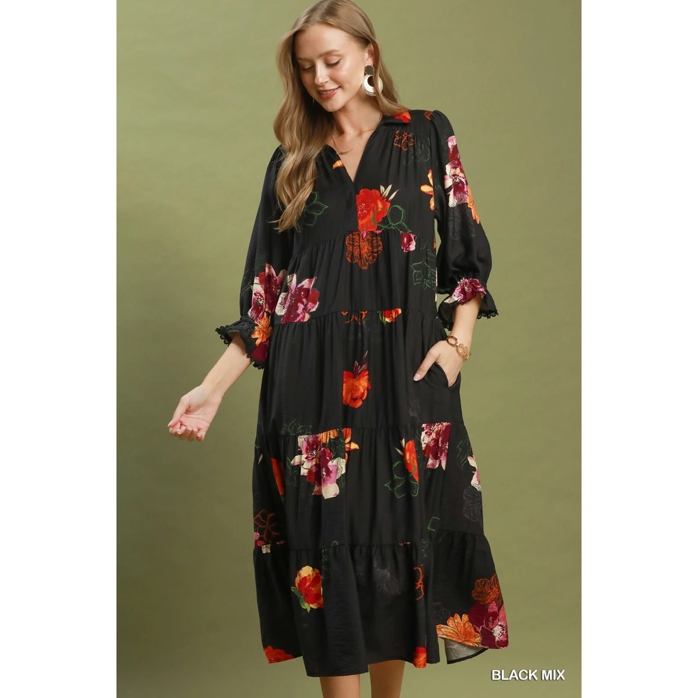 Umgee Floral Print Tiered Midi Dress with Puff Sleeves - Black Mix - Large - Picture 4 of 6